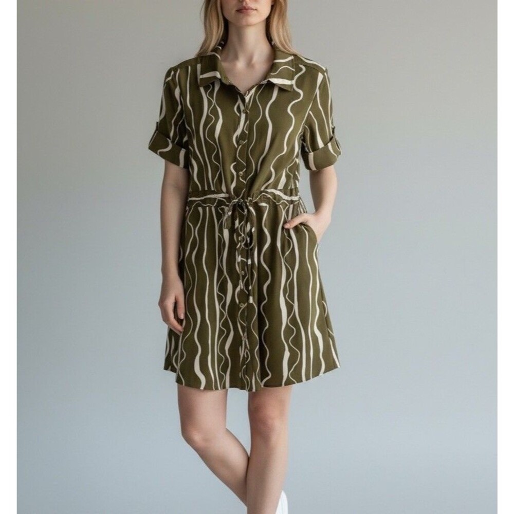 Halston Womens Shirt Dress Green White Abstract Stretch Pockets Drawcord M